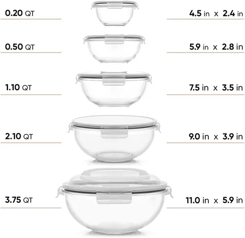 Miniatura 2 de JoyJolt Tazones para mezclar de cocina. Juego de 5 cuencos de vidrio con tapas, cuencos de anidación ordenados. Juego de tazones grandes