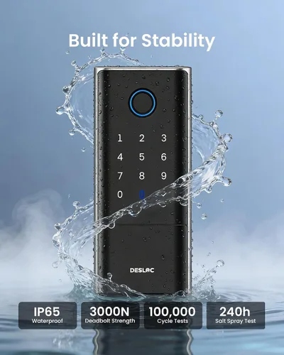 Miniatura 7 de DESLOC Smart Lock K120, cerradura de puerta delantera sin llave de huellas dactilares, cerrojo electrónico WiFi, batería de iones de litio de 16