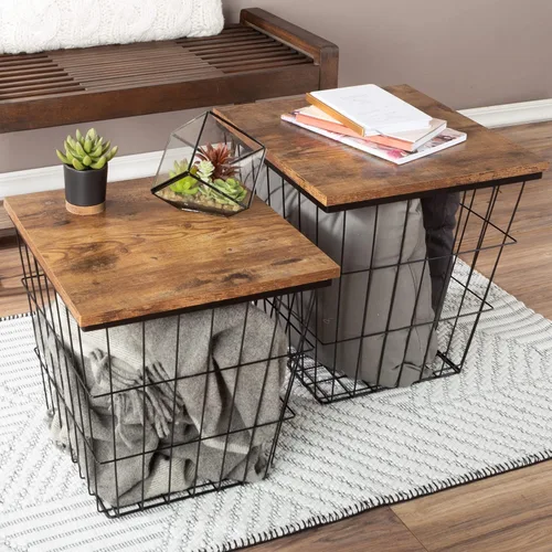 Juego de 2 mesas auxiliares - Mesas anidables con tapas de madera extraíbles y bases de cesta de metal para almacenamiento de mantas - Muebles