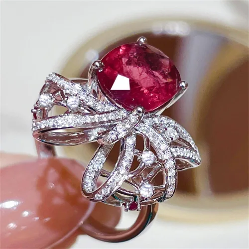 Miniatura 2 de Anillo de plata de ley 925 con diamantes completos y brillantes de oro de 18 quilates, anillos de cóctel de rubí de talla ovalada de 3 quilates