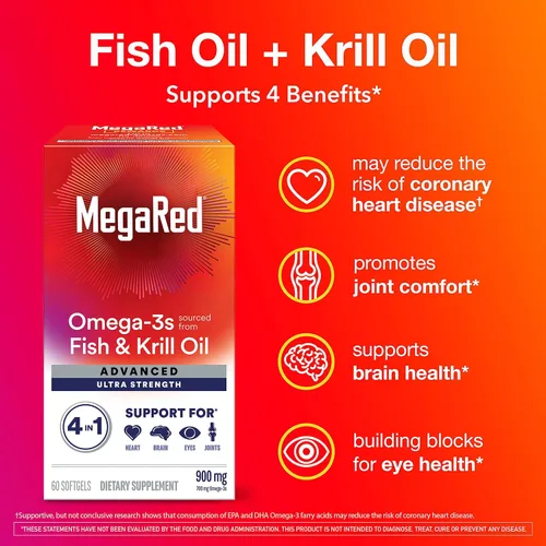 Miniatura 2 de Suplemento de aceite de pescado y kril Omega-3 Megared 900mg - MegaRed avanzado 4 en 1, 60 cápsulas blandas, 2 veces más Omega-3, suplemento