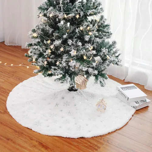 Miniatura 7 de Falda de árbol de Navidad de 30/36/49 pulgadas, faldas de árbol de Navidad blancas bordadas con copos de nieve para decoraciones de Navidad, fiestas