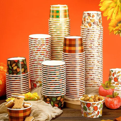 Miniatura 2 de Uiifan 200 cuencos de papel de otoño de 9 onzas, cuencos desechables de Acción de Gracias, hojas de otoño, tazones de calabaza, cuencos de postre