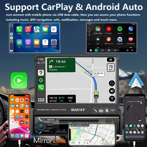 Miniatura 2 de Naifay Estéreo de coche con pantalla táctil de un solo DIN con Carplay y Android Auto, pantalla abatible de 7 pulgadas con receptores de audio