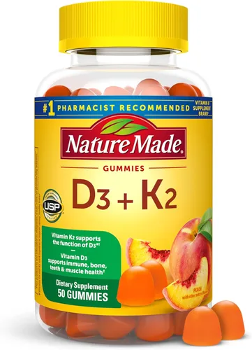 Nature Made Gomitas de vitamina D3 K2, vitamina D 5000 UI por porción para huesos, dientes, músculos y apoyo inmunológico, 50 vitaminas gomosas,