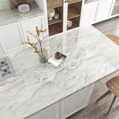 Miniatura 2 de VEELIKE Papel de contacto de mármol beige plateado brillante para encimeras de cocina, despegar y pegar, impermeable, 15.7 x 118 pulgadas, papel