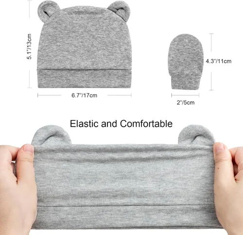 Miniatura 4 de BQUBO Newborn Baby Bear Ears Hats and Mittens Sets Preemie Cotton Caps Baby Boy Girl Infant Hospital Beanie