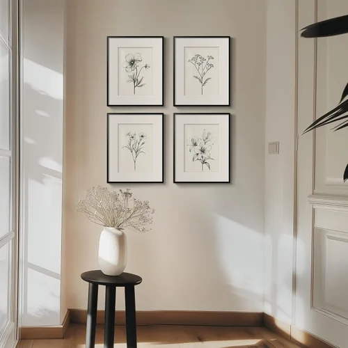 Miniatura 4 de Arte de pared botánico enmarcado en blanco y negro para baño, ilustraciones de plantas florales de granja para paredes de baño, 4 piezas