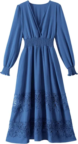 Miniatura 6 de Vestido largo de encaje para mujer de manga corta y cuello en V, vestido de fiesta estilo bohemio con cintura fruncida, vestido bohemio para mujer