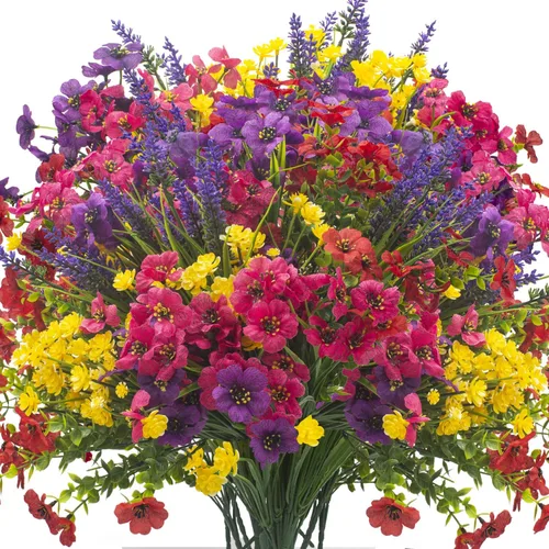 20 flores artificiales resistentes a los rayos UV para exteriores, arbustos realistas de vegetación sintética con tallos inoxidables, plantas