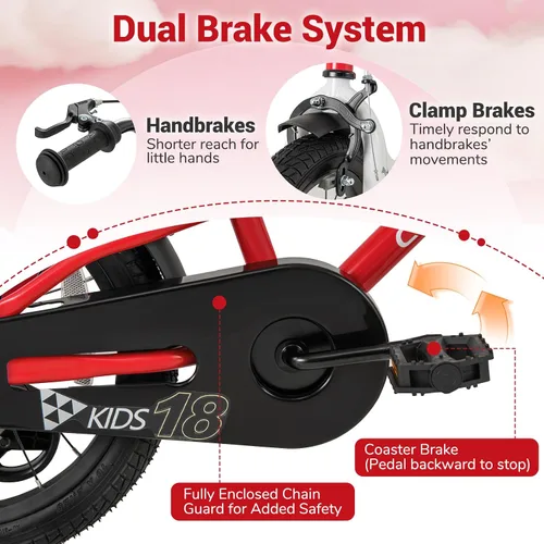 Miniatura 4 de COSTWAY Bicicleta para niños de 12/14/16/18 pulgadas, bicicleta para niños pequeños con ruedas de entrenamiento, asiento y manubrio ajustables, Rojo