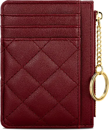Soporte para tarjetas de crédito, cartera delgada con llavero con bolsillo frontal para monedas, bolsillo frontal pequeño para mujer, color rojo