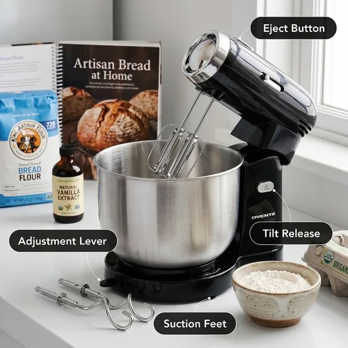 Miniatura 3 de OVENTE Batidora eléctrica de pie con cuenco de acero inoxidable de 3.5 cuartos de galón, mezclador de cocina portátil y ligero de 5 velocidades