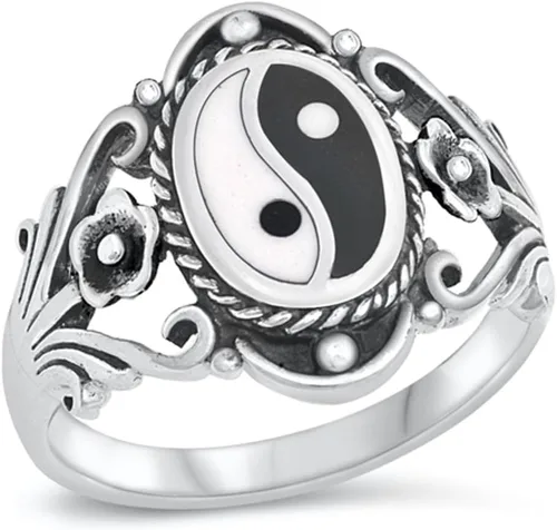 Anillo chino Yin Yang de plata esterlina para mujer, banda 925 de 0.709 in, tamaños 6-12, Metal, Sin piedras preciosas