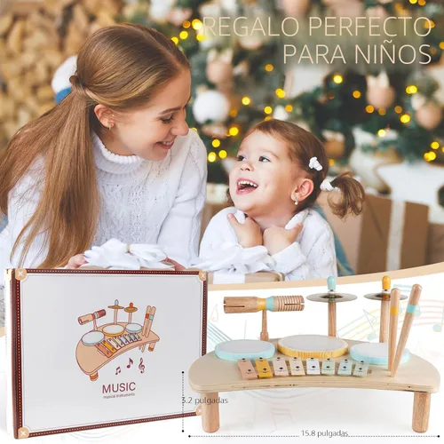 Miniatura 7 de Juego de batería Montessori para niños pequeños de 1 a 3 años, kit de batería de madera para bebé con xilófono, juguetes de música preescolar