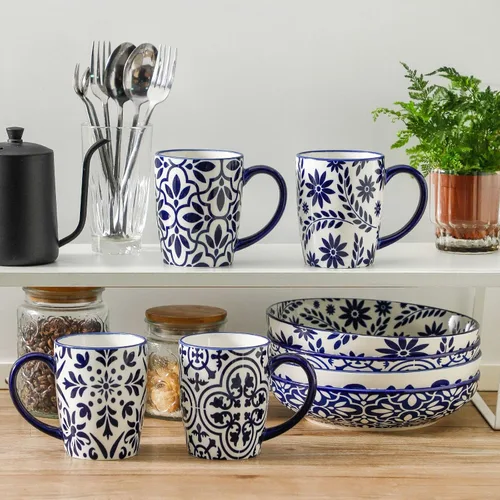 Miniatura 5 de HASENSE 15OZ Coffee Mugs, Ceramic Coffee Mugs Set of 4 with Handle, Coffee Cups Ceramic with Blue and White Floral Patterns, Porcelain Mug Set for