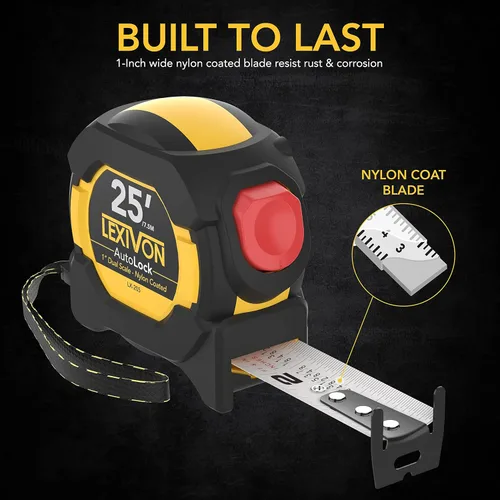 Miniatura 2 de LEXIVON Cinta métrica AutoLock de 25 pies/7.5m Hoja de 1 pulgada de ancho con revestimiento de nailon, acabado mate, impresión de regla de doble