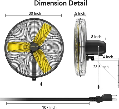 Miniatura 4 de VINICAYA Ventilador de pared industrial de 30 pulgadas oscilante, ventiladores de pared de metal comerciales de 8900 CFM con motor Poweful, 3