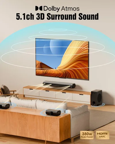 Miniatura 4 de Hiwill Barra de sonido Dolby Atmos de 5.1 canales para Smart TV con barra de sonido, sistema de sonido envolvente 3D para altavoces de TV, subwoofer