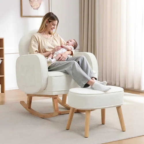 Miniatura 16 de HCHAIRH Mecedora para guardería con otomana, mecedora tapizada con respaldo alto y bolsillo lateral, sillón con patas de madera maciza para Gris