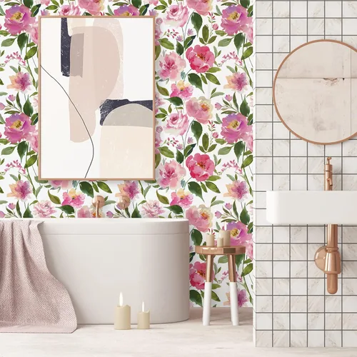 Miniatura 3 de VEELIKE Papel tapiz floral de peonías rosas para despegar y pegar, 17.7 x 354 pulgadas, papel de pared de peonías vintage, autoadhesivo, extraíble