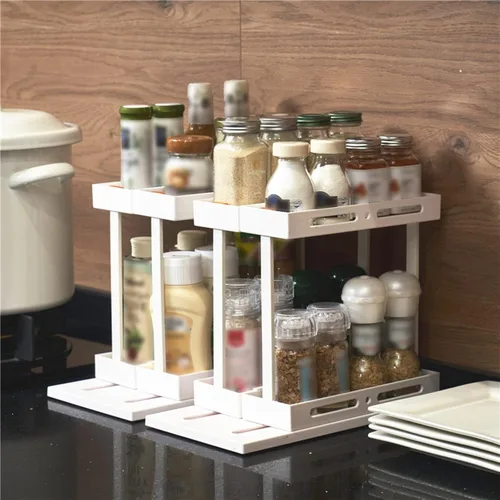 Miniatura 4 de DULRLLY Organizador giratorio para especias, 2 estantes de especias de dos pisos, organizador de armario de cocina extraíble para tiendas recetas