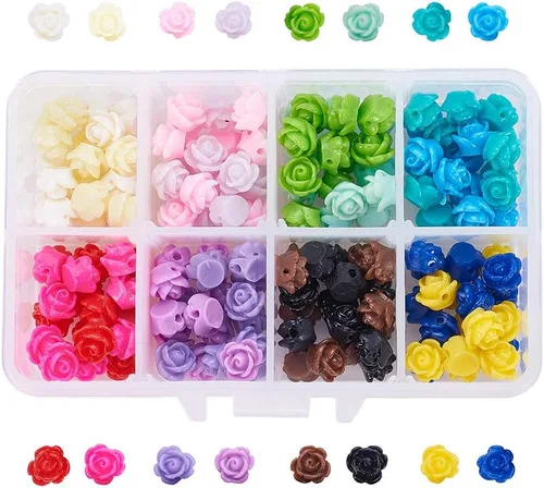 PH PandaHall 160 cuentas de flores de rosas de 0.315 pulgadas, 16 colores, base plana, cuentas de resina, adornos de flores, cabujones de espalda