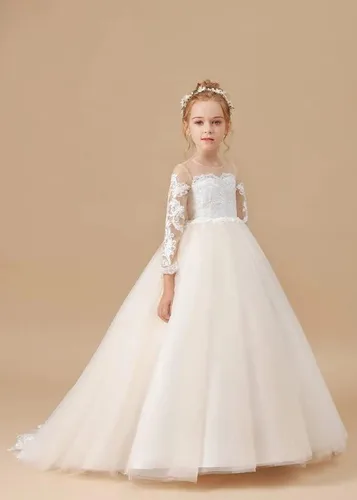 Miniatura 3 de Melinda - Vestidos de flores para niñas, apliques de encaje, tul de manga larga, vestido largo de princesa para boda, concurso