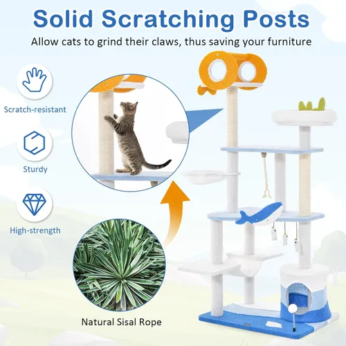 Miniatura 9 de Tangkula Árbol para gatos con temática oceánica, torre para gatos de 3 niveles con postes rascadores de sisal, condominio, perca, hamaca, juguetes