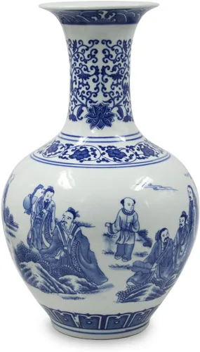 Miniatura 7 de Dahlia Jarrón azul y blanco, florero de porcelana china hecho a mano, montaña celestial, forma de rouleau de 14 pulgadas