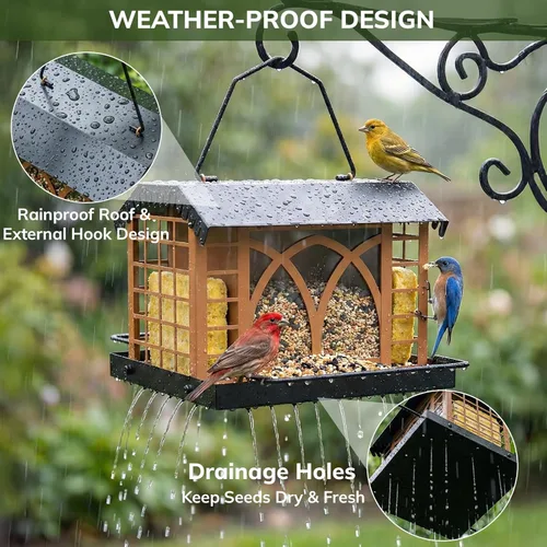 Miniatura 3 de Comederos para pájaros para colgar al aire libre, comedero de metal para pájaros con doble jaula de sebo resistente a la intemperie, techo de metal