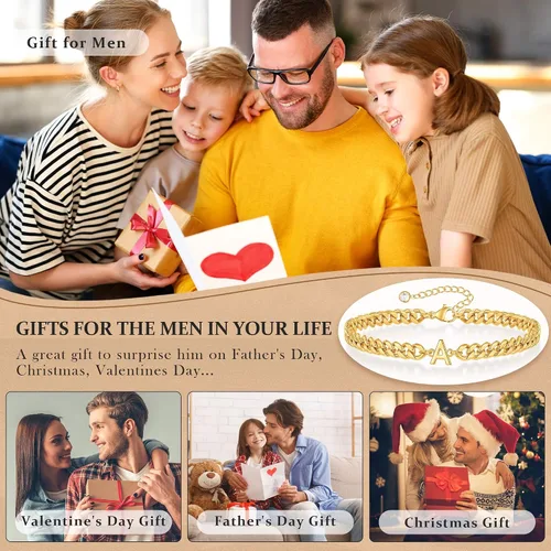 Miniatura 4 de Pulsera con inicial para hombre, cadena de eslabones cubanos de oro y plata, ajustable, joyería para hombre, regalos únicos para hombres, marido