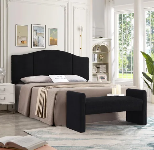 Miniatura 8 de 24KF Banco de Cama Tapizado Moderno Cubierto con Suave Tela Boucle Teddy, Hermoso Banco Otomano de Entrada con Reposabrazos, 5062-Negro