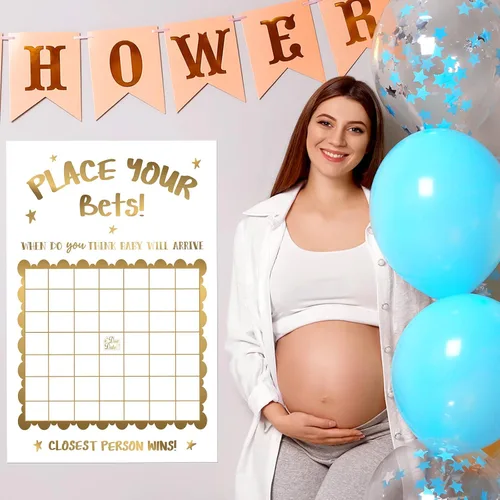 Miniatura 4 de Geyee Decoraciones de baby shower, juego de ducha con predicción neutra para fecha de nacimiento, grande, divertido letrero de calendario de bebé