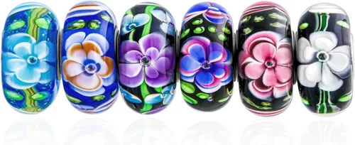 Juego de 6 unidades románticas mixtas de plata de ley 925, tonos translúcidos de negro, morado, azul, rosa, rosa, estilo vintage, floral, flor de