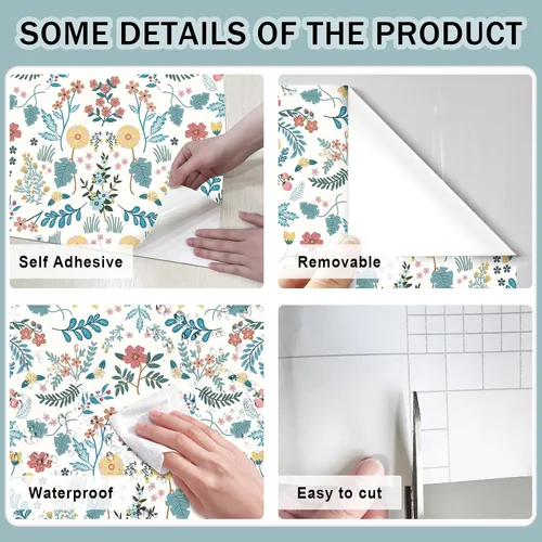 Miniatura 2 de JiffDiff Papel tapiz floral de flores silvestres para despegar y pegar, papel de contacto de flores y hojas, papel de pared bohemio, extraíble