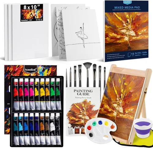 Miniatura 8 de koseibal Juego de arte acrílico con 18 pinturas acrílicas, 8 pinceles, 4 lienzos estirados, 1 caballete de madera, etc., kit de suministros