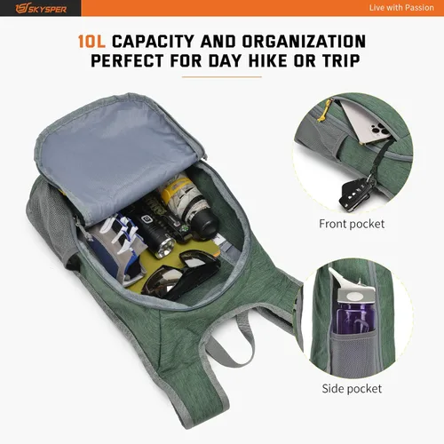 Miniatura 3 de SKYSPER Mochila pequeña de senderismo de 10 litros, mochila de viaje ligera y plegable para mujeres y hombres Verde