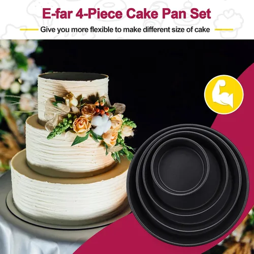 Miniatura 5 de E-far Juego de 4 moldes para pasteles (4 pulgadas/6 pulgadas/8 pulgadas/9½ pulgadas), moldes redondos antiadherentes para tartas de cumpleaños