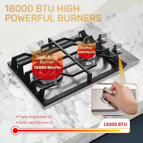 Miniatura 2 de TOPWISH Placa de cocina de gas de 12 pulgadas, estufa de propano con 2 quemadores sellados ITALY SABAF de 18,000 BTU, NG/LPG, estufa convertible