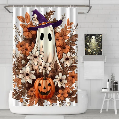 Miniatura 2 de Cortina de ducha de Halloween, cortina de ducha de fantasma espeluznante con 12 ganchos, cortinas de ducha florales de Halloween para decoración