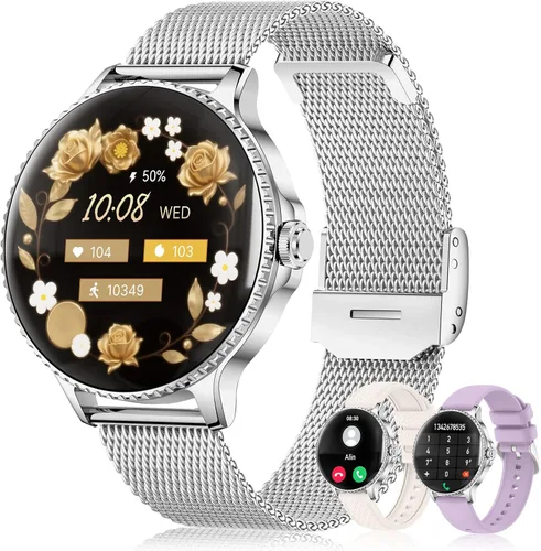 Miniatura 11 de Reloj inteligente para mujer, 1.19 pulgadas, pantalla táctil AMOLED, reloj de fitness (llamadas/notificaciones), 3 correas, monitor de frecuencia