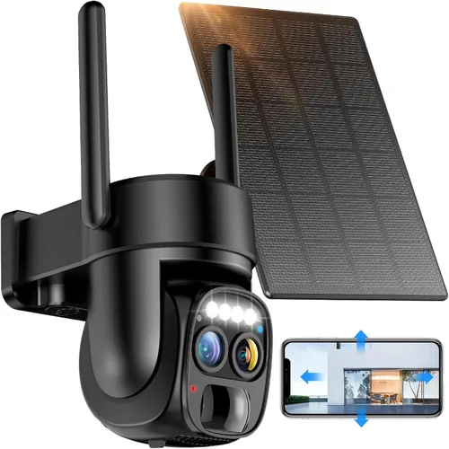 Hawkray - Cámara de seguridad inalámbrica para exteriores con panel solar, lente dual, zoom 10x, resolución 2K 3MP, panorámica/inclinación de 360°,