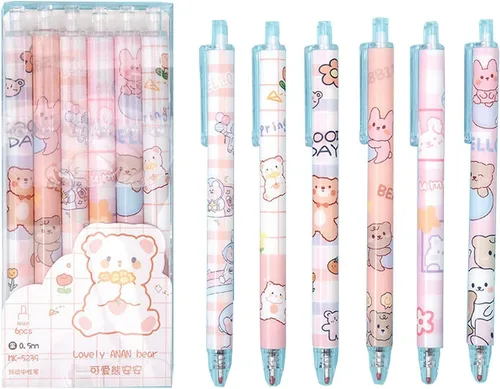 Bolígrafo Kawaii de dibujos animados de 0.020 in, bolígrafo neutro para estudiantes, suministros escolares lindos de prensa de agua, juego de 6