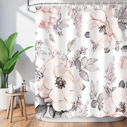 Miniatura 2 de LIVILAN Cortina de ducha con flores rosas y grises, cortinas de ducha florales de acuarela con ganchos, tela blanca y gris, decoración de baño