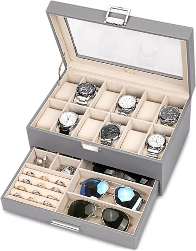 Voova Joyero organizador de cajas de reloj para hombres y mujeres 2 capas grandes de 12 ranuras de piel sintética estuche de almacenamiento de