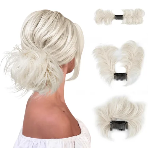 Miniatura 29 de Postizo de Cabello de Moño Despeinado con Peine Lateral Clip en Postizo de Moño para Mujeres Corto Natural Liso Versátil Estilos Ajustables Piezas