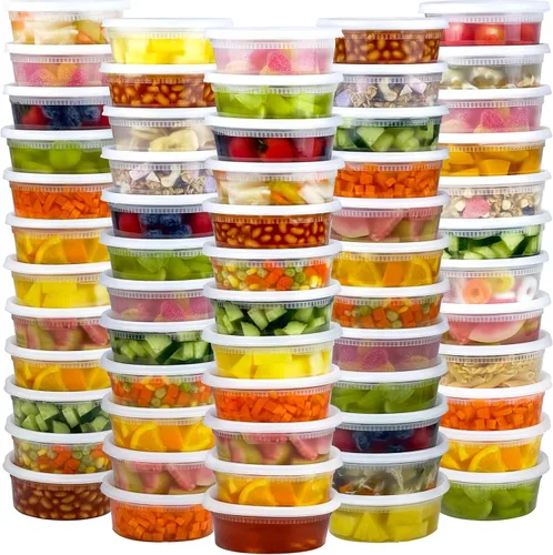 Dipoo 60 juegos (120 piezas) recipientes Deli con tapas de 8 oz, recipientes de plástico herméticos, a prueba de fugas y sin BPA para llevar