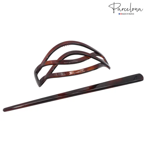 Miniatura 4 de Parcelona French Twist Tortoise Shell Brown Chignon Cola de caballo titular de pelo deslizante Pin Thru Hair Barrette con palo para mujeres y niñas