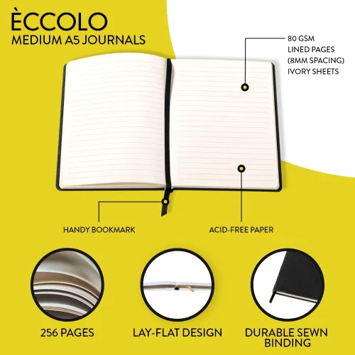 Miniatura 4 de WORLD TRAVELER Eccolo - Diario mediano con bolígrafo, cuaderno A5 de tapa dura negro y dorado con 256 páginas marfil, soporte para bolígrafo